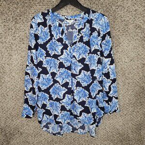 Crown & Ivy Top Womens Small Blue Floral Print Peasant V Neck Blouse Ladies‎
